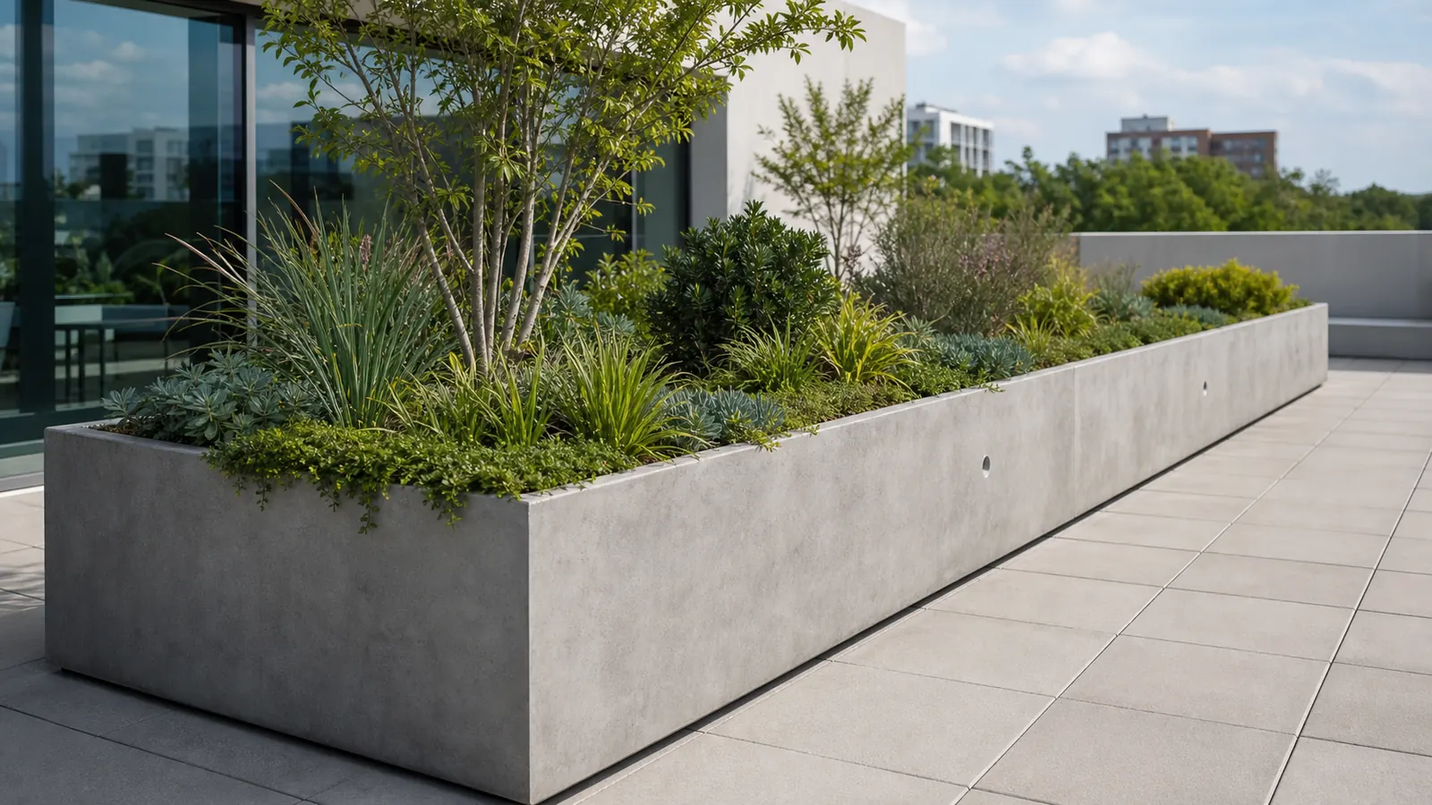 Jardinera rectangular terminada con vegetación como aplicación referencial de PlastiDren